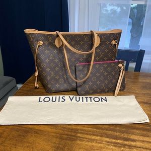 Louis Vuitton Neverfull MM Tote + Matching Wristlet (Pink)